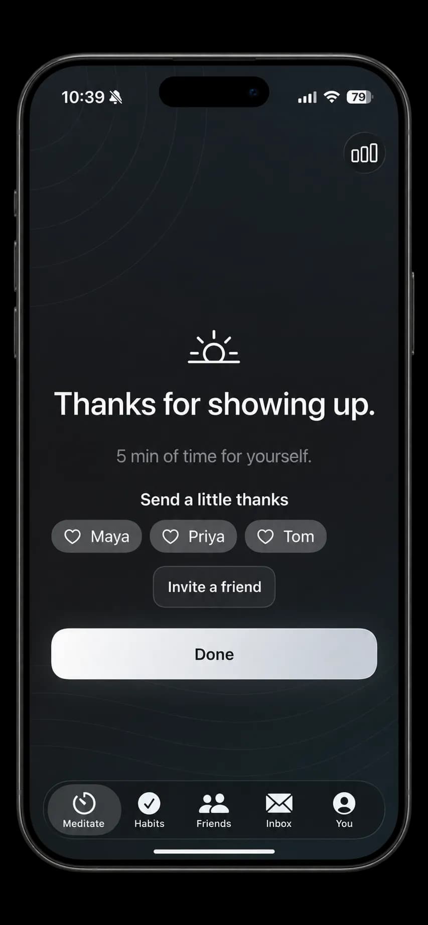 Thanks screen for celebrating a meditation session and thanking friends